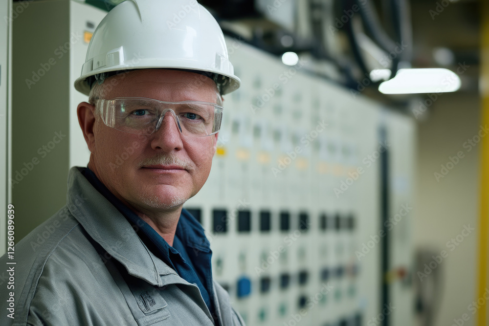 A professional electrical technician wearing a hard hat and safety glasses, standing in front of a high-voltage electrical panel A professional electrical technician wearing a hard hat and safety glasses, standing in front of a high-voltage electrical panel