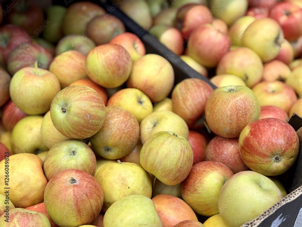 Box filled with fresh natural bio organic red yellow green apples placed on counter in local food market. Close-up Box filled with fresh natural bio organic red yellow green apples placed on counter in local food market. Close-up