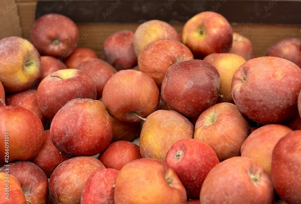 Box filled with fresh natural bio organic red apples placed on counter in local food market Box filled with fresh natural bio organic red apples placed on counter in local food market