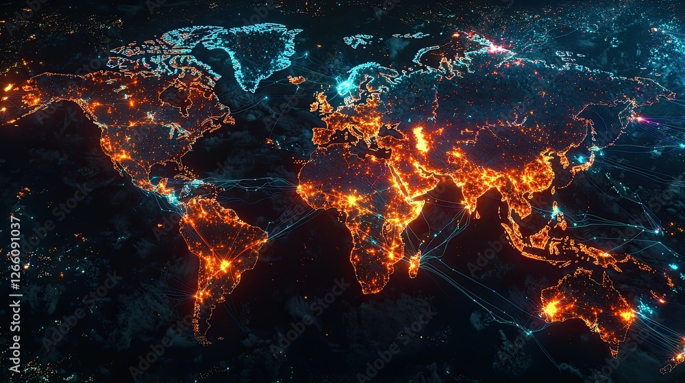 Fototapeta premium Colorful digital map illustrating illuminated cities and connections across the world at night