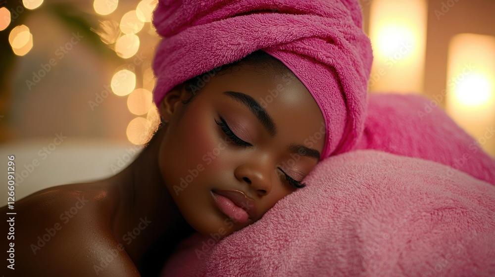 Dark-skinned woman relaxing with pink towel on head, cozy lights, rest time use Dark-skinned woman relaxing with pink towel on head, cozy lights, rest time use
