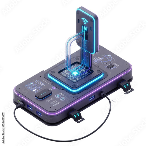 high-tech Wireless charging hub schematic in Futuristic style photo