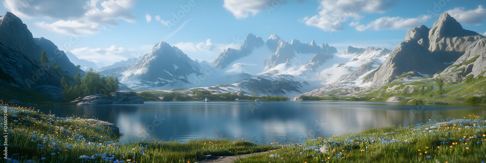 Naklejka premium Drone shot of hidden alpine lake surrounded by jagged peaks and wildflowers