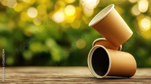 A tilted stack of paper cups spilling onto a wooden surface with a soft bokeh background