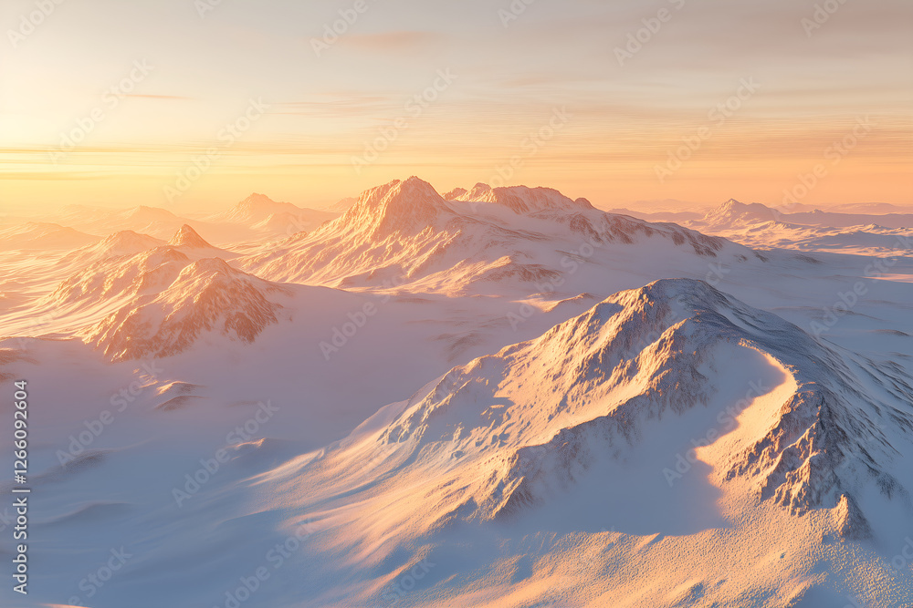 Fototapeta premium Aerial view of snow-capped peaks with golden sunlight at dawn