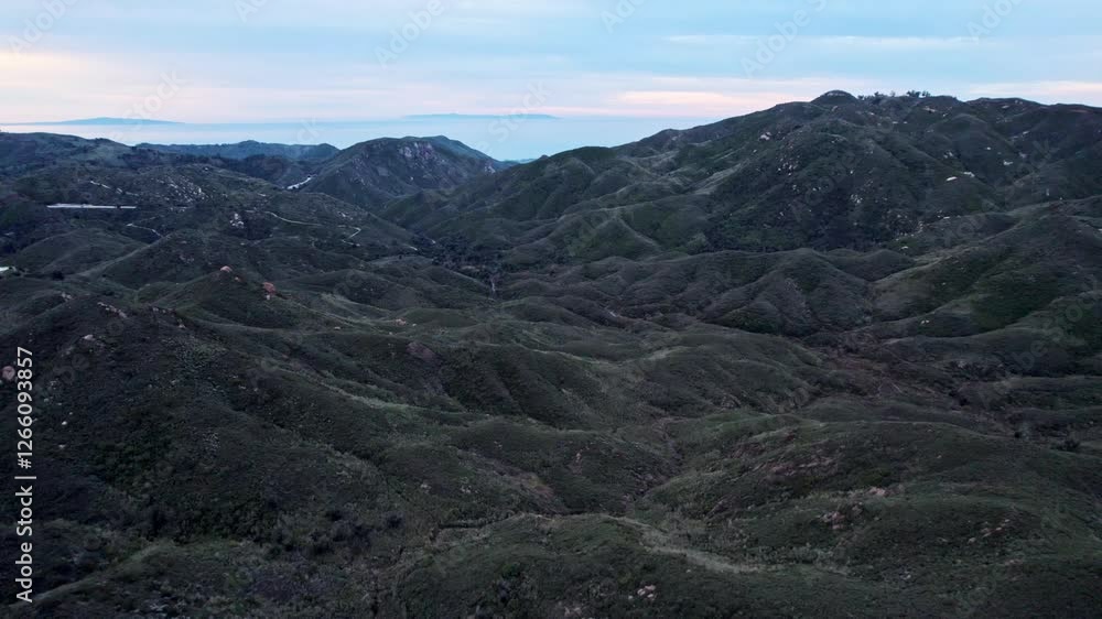 Aerial Drone View of Malibu’s Stunning Mountain Backdrop at Sunrise