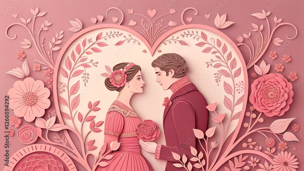 Romantic couple surrounded by intricate floral heart design in soft pink tones Romantic couple surrounded by intricate floral heart design in soft pink tones