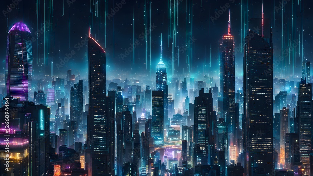 Futuristic cityscape at night with vibrant neon lights and digital rain streaks falling over towering skyscrapers. Futuristic cityscape at night with vibrant neon lights and digital rain streaks falling over towering skyscrapers.