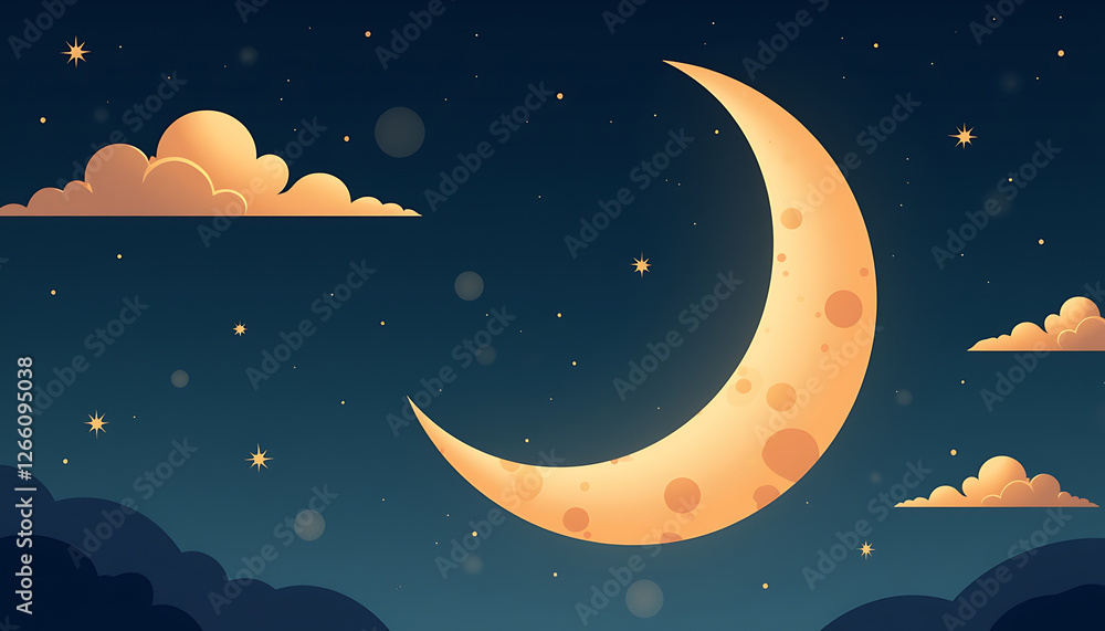 Naklejka premium Crescent moon with clouds and stars in night sky
