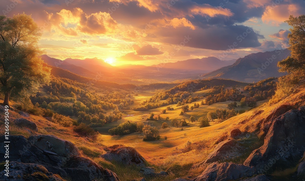 Fototapeta premium A breathtaking panorama of a sunset over a valley dotted with rolling hills and scattered trees, captured from a rocky ridge.