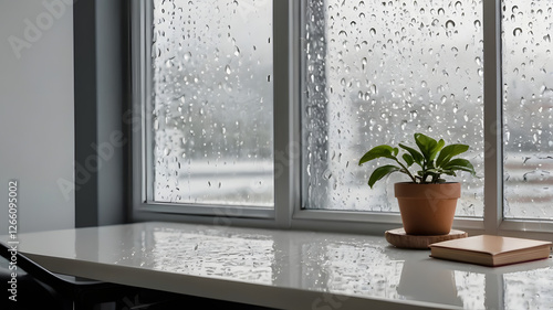 Cozy rainy day window with potted plant and book, soft natural light, hygge home atmosphere