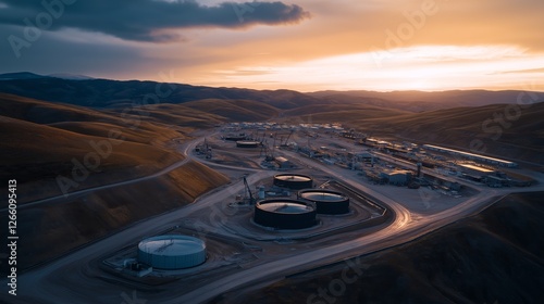 Aerial view revealing industrial oil extraction site featuring storage tanks, processing facilities, connecting roads sprawling across rugged hilly terrain under vivid sunset lighting photo