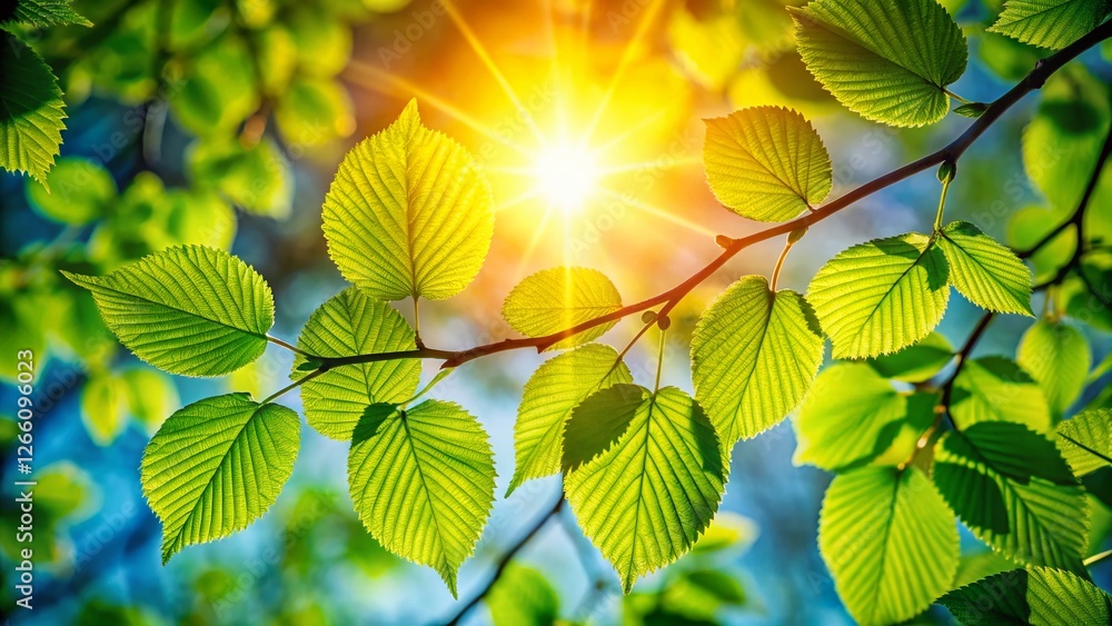 Fototapeta premium Spring Silhouette: Green Leaves on Branch Against Bright Sky
