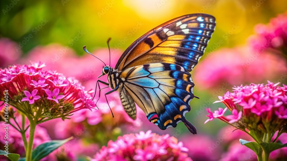 Springtime Beauty: Butterfly on Pink Flowers in Garden Springtime Beauty: Butterfly on Pink Flowers in Garden