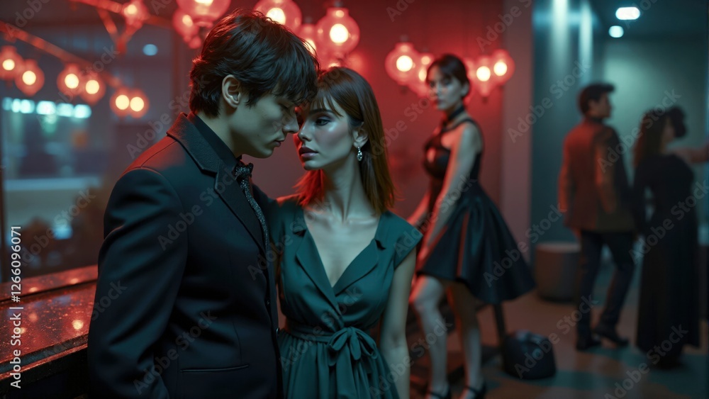 Couple in Red and Teal Lit Lounge Couple in Red and Teal Lit Lounge