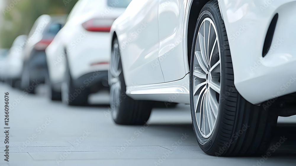 White cars parked roadside, city background, transport image White cars parked roadside, city background, transport image