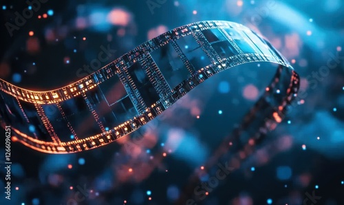 A film strip floating in mid-air, featuring shining particles, showcases the creative promise of AI in video creation.