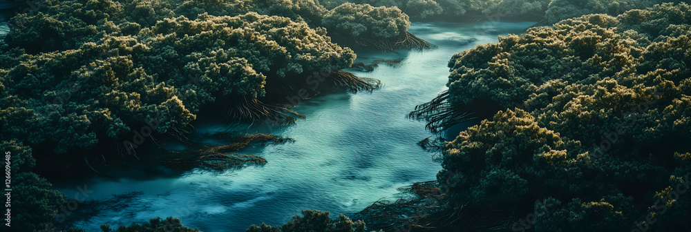 Aerial view of a coastal estuary with turquoise waters and mangrove forests Aerial view of a coastal estuary with turquoise waters and mangrove forests