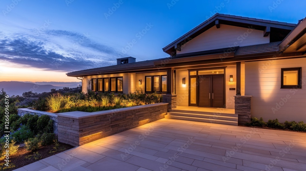 Modern architectural home at dusk with landscaped garden and scenic mountain view Modern architectural home at dusk with landscaped garden and scenic mountain view