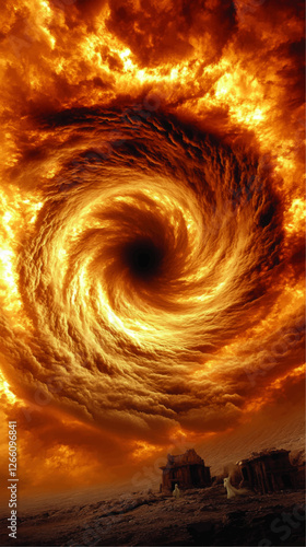 Apocalyptic Tornado Swirl Vector Illustration in Fiery Storm Landscape with Abandoned Ruins and Ghostly Figures - Surreal Artwork for Fantasy Enthusiasts