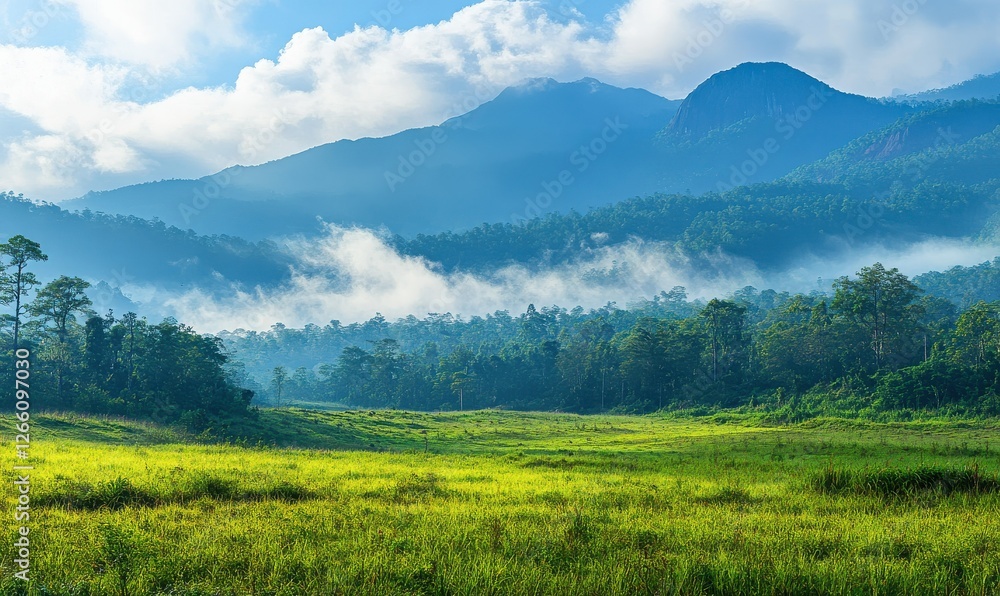 A landscape of misty mountains with a lush green meadow, forest, and a striking peak in the distance. Perfect for capturing nature, travel, and scenic beauty A landscape of misty mountains with a lush green meadow, forest, and a striking peak in the distance. Perfect for capturing nature, travel, and scenic beauty