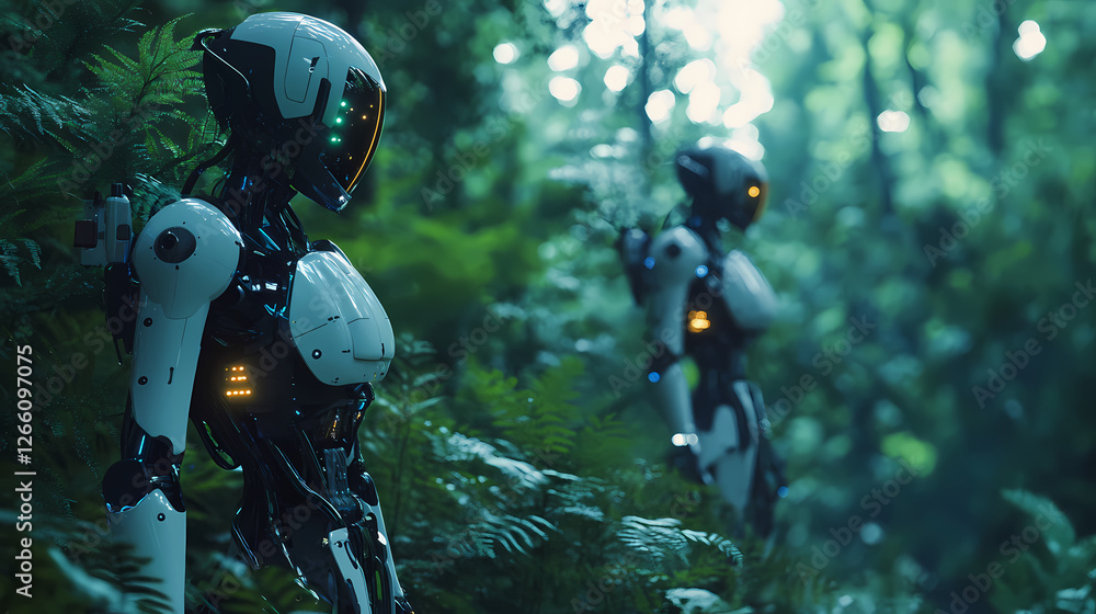 Robotic caretakers safeguarding wilderness with bionic limbs and glowing optical sensors. Cybernetic Forest Guardians. Illustration