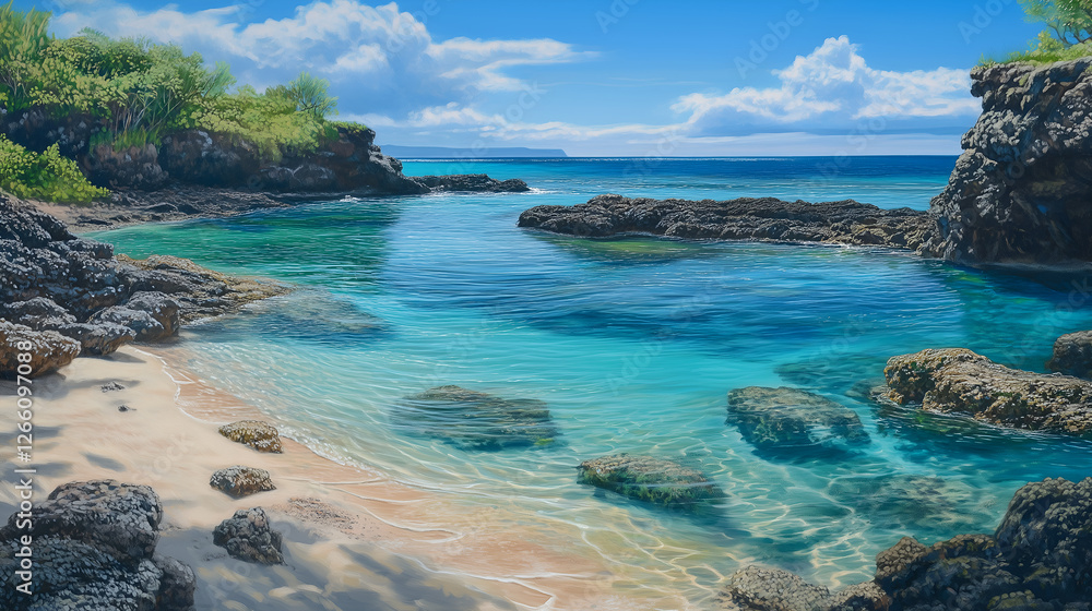 Fototapeta premium Aerial view of a hidden cove with turquoise waters and coral formations