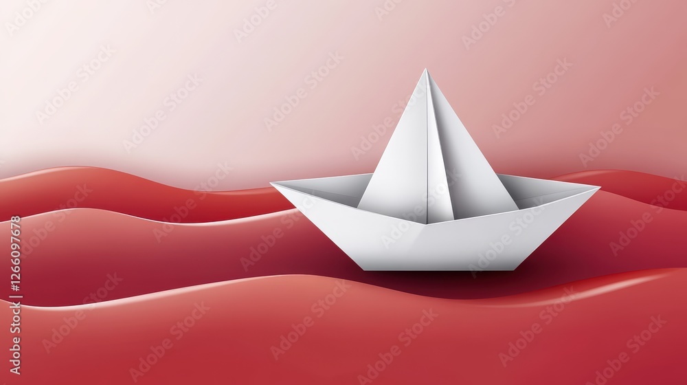 Fototapeta premium Bright white origami boat gracefully navigating vibrant waves of pink and red colors