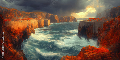 Stunning Vector Art of Majestic Coastal Fortress Amidst Rocky Cliffs and Turbulent Ocean Waves at Sunset Under Dramatic Cloudy Sky - A Visual Masterpiece