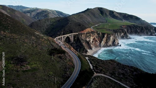 Aerial View of Bixby Bridge Rocky Creek Bridge in Big Sur California Overlooking the Pacific Ocean