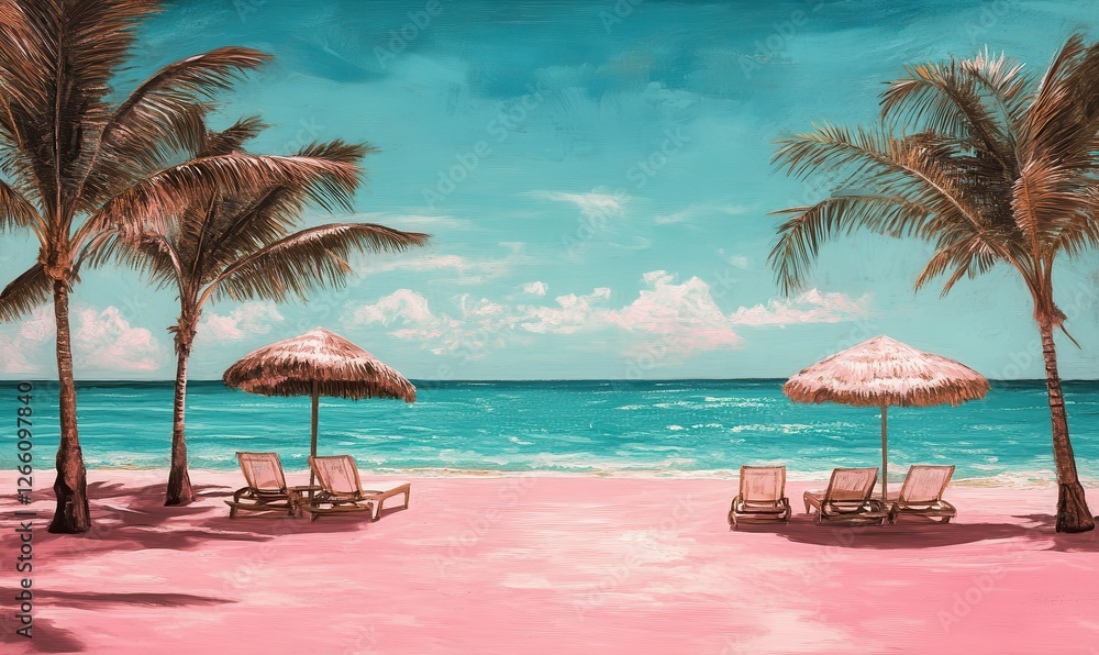 A pink beach featuring palm trees, umbrellas, lounge chairs, and sparkling turquoise water. A pink beach featuring palm trees, umbrellas, lounge chairs, and sparkling turquoise water.