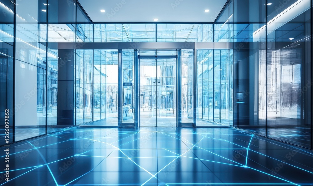 Modern digital entrance with bright blue lines and geometric patterns. Modern digital entrance with bright blue lines and geometric patterns.