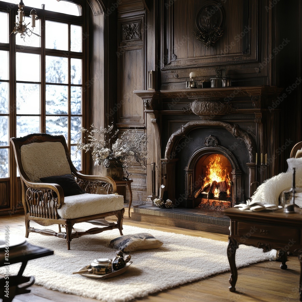 Cozy room with fireplace chair and view of a snowy landscape Cozy room with fireplace chair and view of a snowy landscape