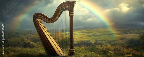 A harp stands serenely under a vivid, colorful double rainbow.