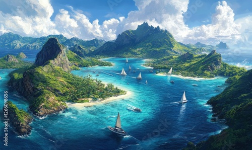 A sky-high perspective of tropical islands, highlighting boats, turquoise water, and white sand beaches.