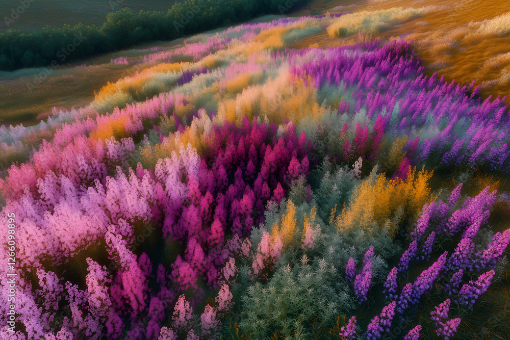 Obraz premium Abstract patterns in vibrant spring wildflower meadow from drone view