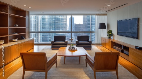 Wallpaper Mural A modern and minimalist condo space with wooden furniture, sleek finishes, and a balcony with a cityscape view. Torontodigital.ca