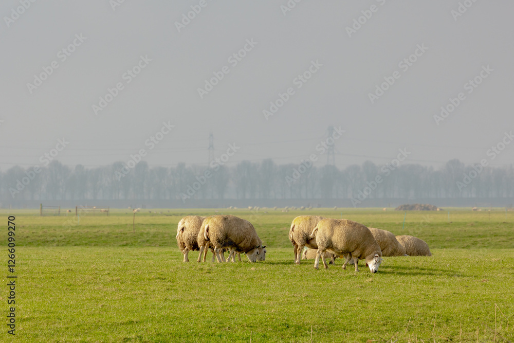 Selective focus of flock sheeps standing and nibbling grass on the green meadow polder, Ovis aries are quadrupedal ruminant mammals typically kept as livestock, Open farm in countryside of Netherlands Selective focus of flock sheeps standing and nibbling grass on the green meadow polder, Ovis aries are quadrupedal ruminant mammals typically kept as livestock, Open farm in countryside of Netherlands