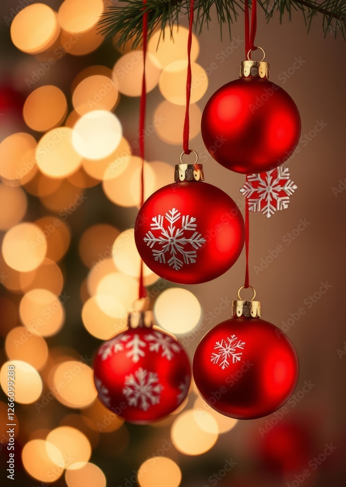 Three red christmas ornaments with snowflake designs hang against a backdrop of warm festive bokeh lights bokeh red bokeh abstract background glow design light texture effect sparkle Three red christmas ornaments with snowflake designs hang against a backdrop of warm festive bokeh lights bokeh red bokeh abstract background glow design light texture effect sparkle