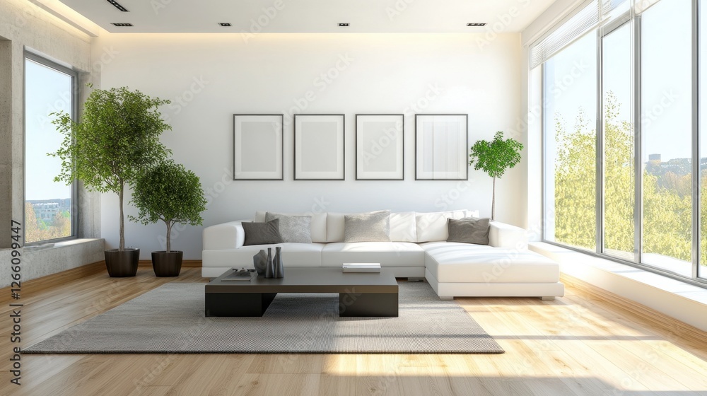 Fototapeta premium A serene living room with a white sectional sofa and minimalist decor.