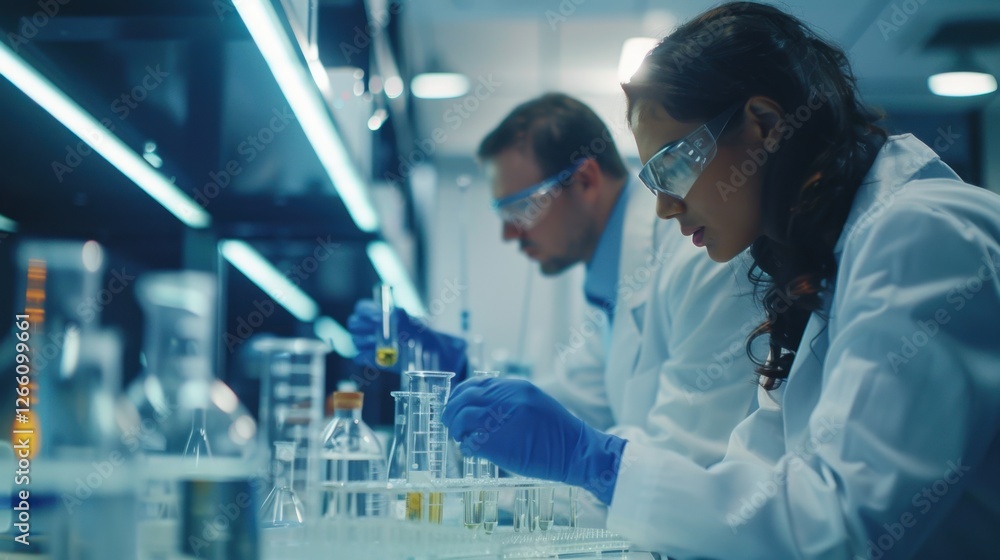 Advanced scientific lab, two researchers analyzing chemicals in a flask, discussing findings, medical research, biotechnology, molecular biology Advanced scientific lab, two researchers analyzing chemicals in a flask, discussing findings, medical research, biotechnology, molecular biology