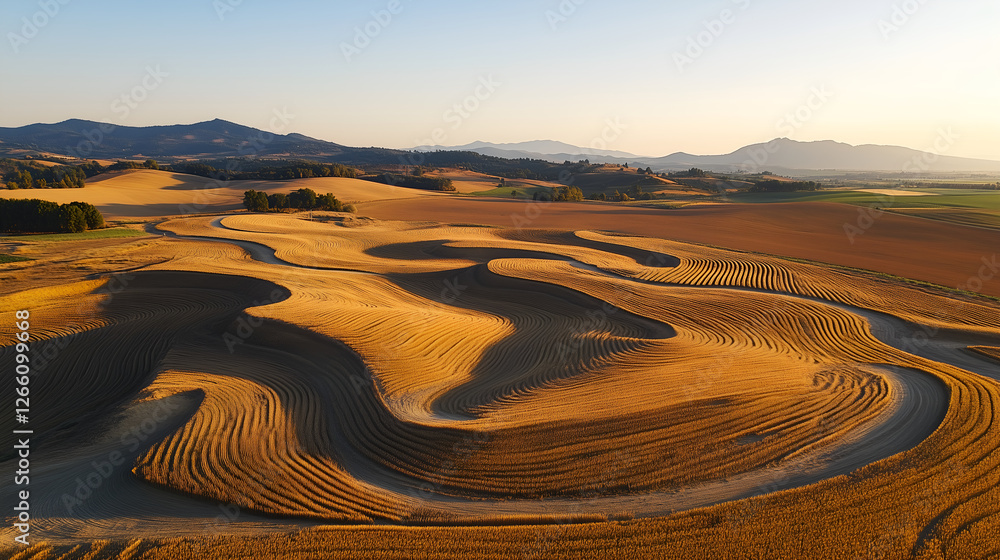 Naklejka premium Golden wheat fields with abstract irrigation patterns from drone view