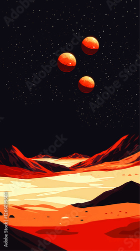 Stunning Vector Artwork of Martian Landscape With Three Moons, Red Desert Terrain, Starry Night, Alien Planet Scenery for Sci-Fi and Outer Space Enthusiasts