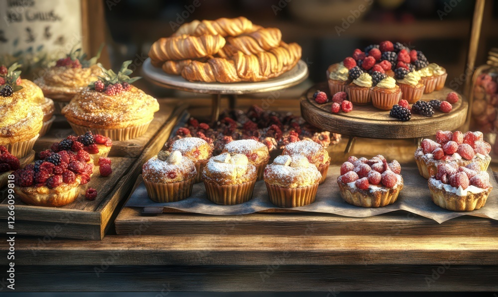 Assorted pastries displayed on a rustic tray, including flaky croissants, tarts, and berry muffins, set against a cozy wooden backdrop Assorted pastries displayed on a rustic tray, including flaky croissants, tarts, and berry muffins, set against a cozy wooden backdrop