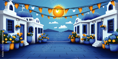 Picturesque Greek Island Vector Illustration: Blue and White Architecture, Sea View, Blooming Flowers, and Festive Sun Decorations in Scenic Coastal Setting