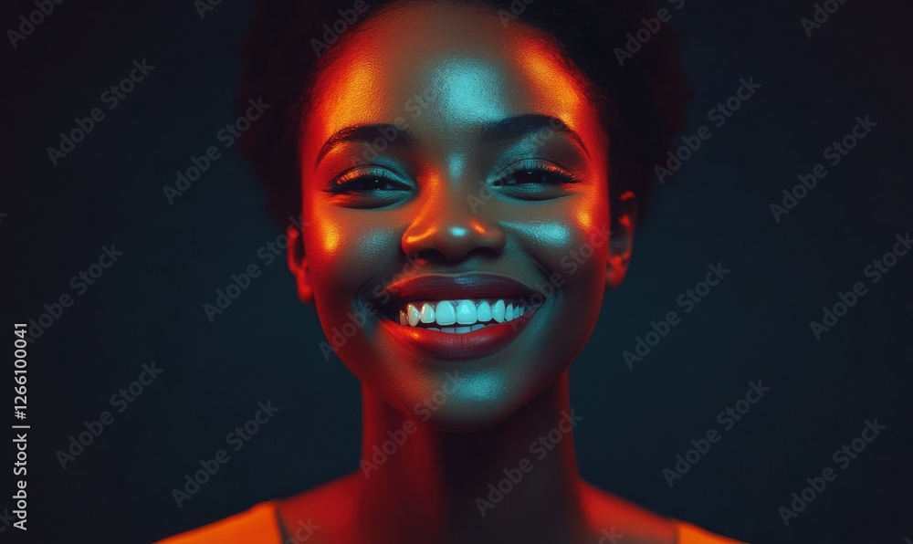 Bold, radiant smile of a confident woman with glowing dark skin, her face illuminated by warm studio lighting, symbolizing empowerment and joy. Bold, radiant smile of a confident woman with glowing dark skin, her face illuminated by warm studio lighting, symbolizing empowerment and joy.