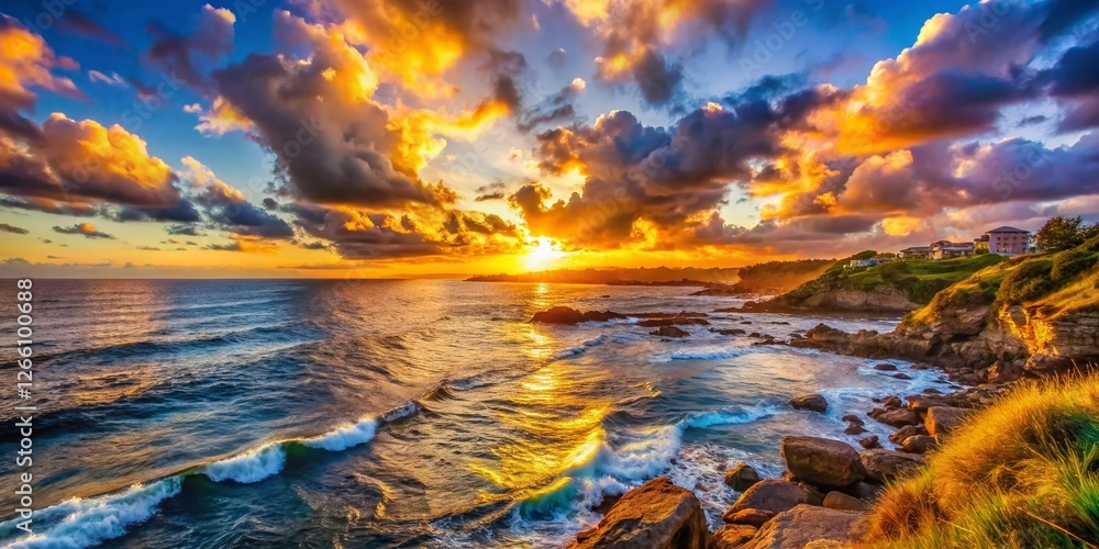 Stunning Coastal Sunset with Bokeh, Dramatic Sky, Ocean View Stunning Coastal Sunset with Bokeh, Dramatic Sky, Ocean View