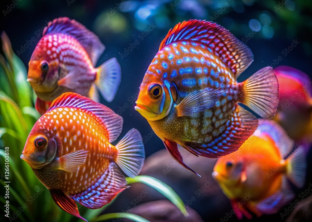 Fototapeta premium Stunning Discus Fish Aquarium Low Light Photography - Vibrant Colors in Dark Setting