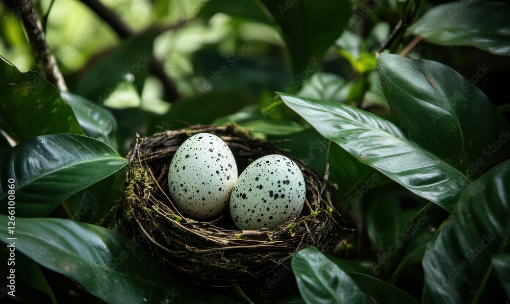Nest containing two speckled eggs surrounded by lush green leaves in a tranquil outdoor setting during daylight Nest containing two speckled eggs surrounded by lush green leaves in a tranquil outdoor setting during daylight