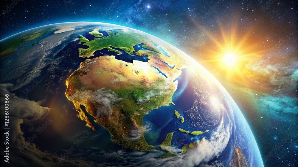 Obraz premium Stunning Earth Daytime View from Space: 3D Rendered Planet with Copy Space